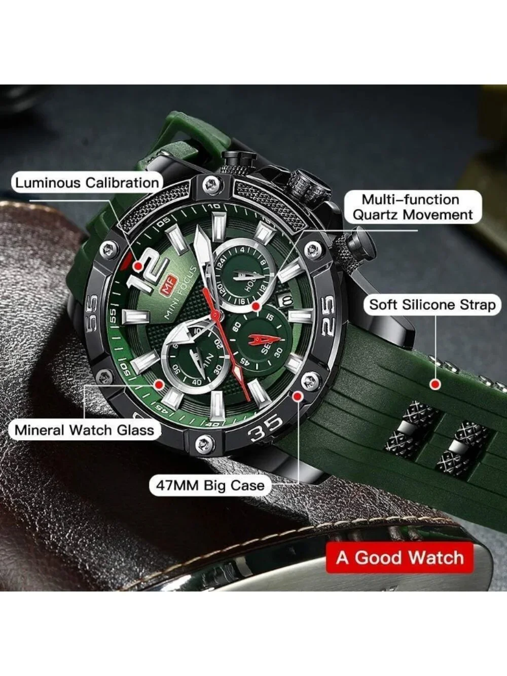 Men's Green Silicon Band Chronograph Waterproof Luminous Unique Casual Watch